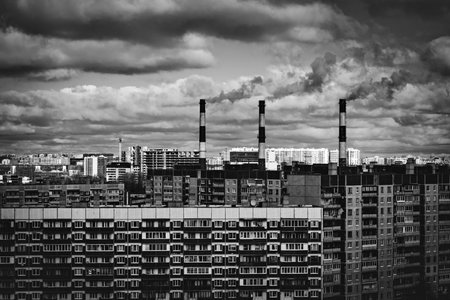 gloomy city ecological landscape with three chimney pipes in black-and-white tones
