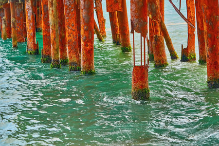 old red abstract rusty and ruined piles or props from pipes stick out in green water closeup with selective sharpnessの写真素材