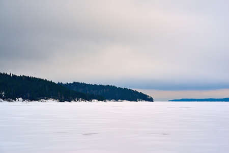 winter landscape with gray sky and white snow on a large lake or in a clear field and with forest on a hilly horizonの写真素材