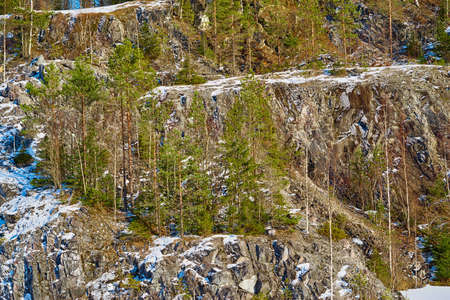 mountain landscape with trees on rocks for a natural background or for wallpaperの写真素材