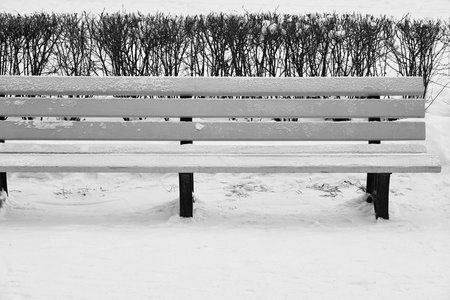 one snowy wooden white bench close-up in a winter park without peopleの写真素材