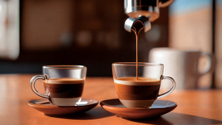 Coffee pouring from coffee machine into cup on wooden table.の素材