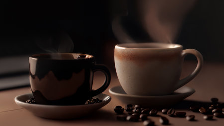 Coffee cup with steam and coffee beans on the table.の素材