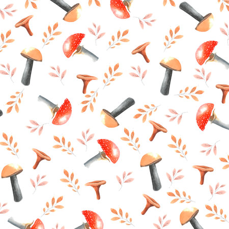 A set of autumn mushrooms and leaves painted with watercolorの写真素材