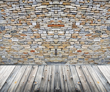 Stone room with wooden floorの写真素材