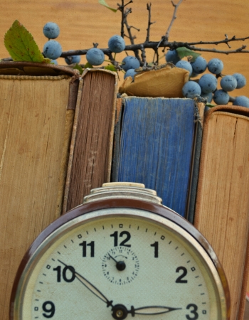 Vintage clock and booksの写真素材