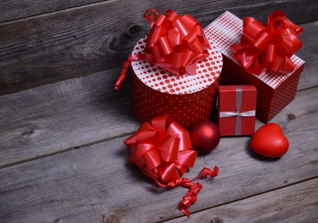 Christmas Presents and Ornaments on Wooden Backgroundの写真素材