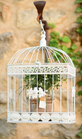 Decorative white cage for birds with flowers insideの写真素材