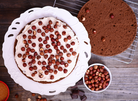 Chocolate cake with nutsの写真素材