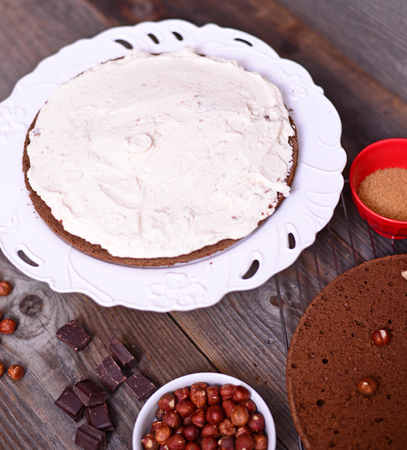 Chocolate cake with nuts and cream cheeseの写真素材