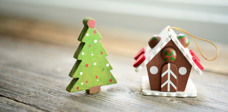 Christmas ornament on wood backgroundの写真素材