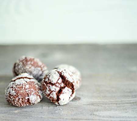 Chocolate cookies on wooden tableの写真素材