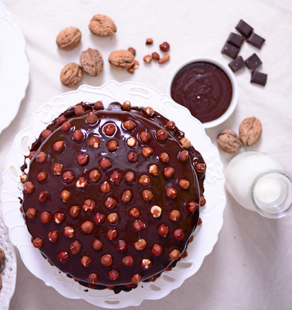 Delicious chocolate cakes with hazelnut on table close-upの写真素材