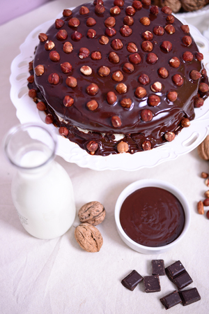 Delicious chocolate cakes with hazelnut on table close-upの写真素材