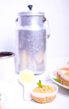 Cornbread muffins on white tableの写真素材