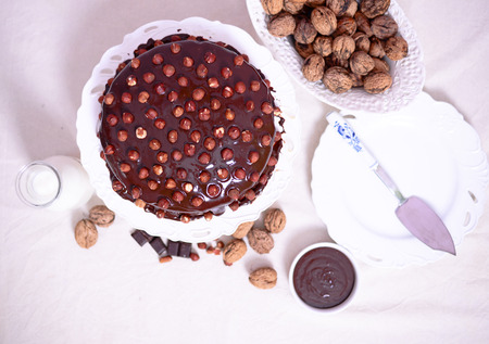 Delicious chocolate cakes with hazelnut on table close-upの写真素材