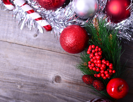 Christmas ornaments on wooden backgroundの写真素材
