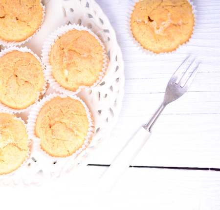 Cornbread muffins on white tableの写真素材