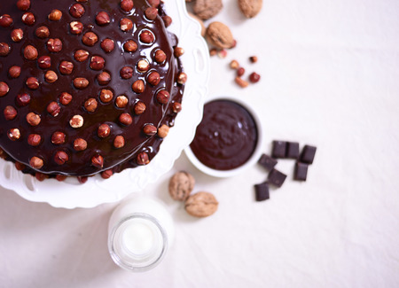 Delicious chocolate cakes with hazelnut on table close-upの写真素材
