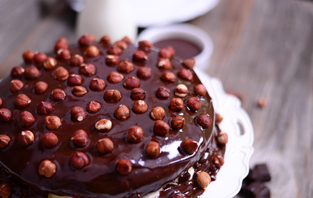 Hazelnut-chocolate cake macro of hazelnutの写真素材