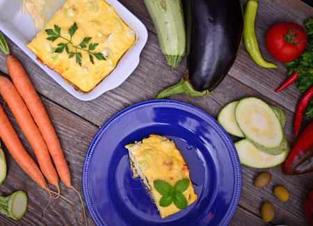 Healthy zucchini lasagna bologneseon blue plate and baking dishの写真素材