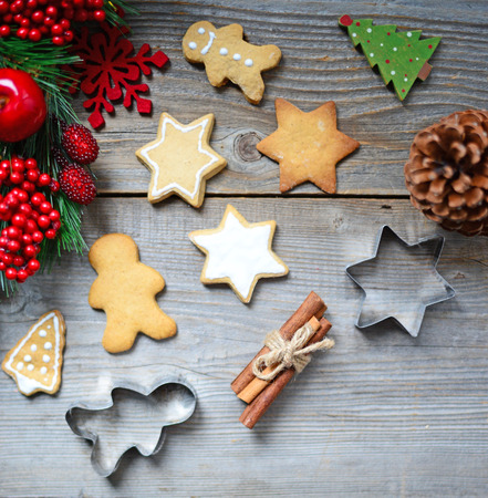 Christmas cookies on wooden backgroundの写真素材