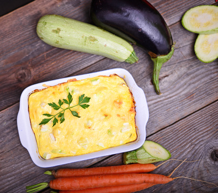 Healthy zucchini lasagna bolognese in a baking dishの写真素材