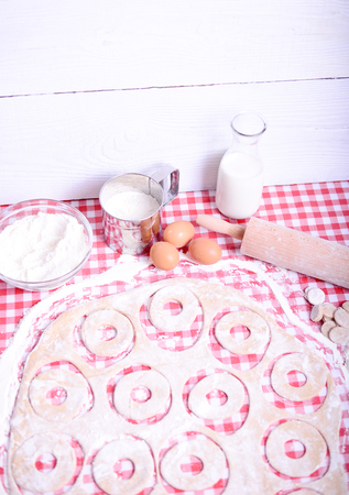 donuts ingredients in kitchenの写真素材