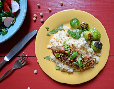 Fresh salad with chicken and brussels sproutsの写真素材