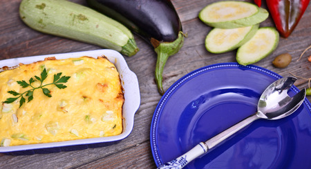 Healthy zucchini lasagna bolognese in a baking dishの写真素材