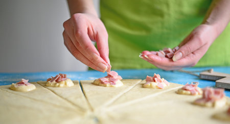 Woman preparing rolls with cheese and ham - close up of souce for rolls