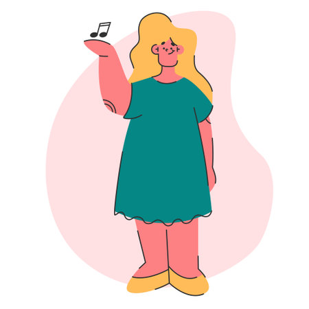 Music abstract art.Happy girl listening music.Dancing and party post,background.Evector cute bright illustrationのイラスト素材