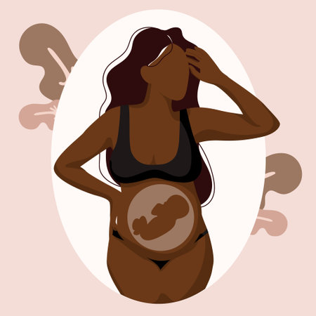 beautiful pregnant woman with baby .Pregnancy and motherhood.girl and pregnant belly.Beige colors. Faceless style vectorのイラスト素材