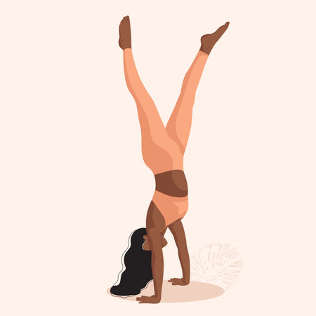 beautiful girl doing yoga.Handstand pose.Adho mukha vrikshasana.Beige colors.Post,print.Modern flat...