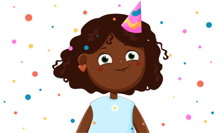 Funny Little Black skin smiling Girl Cartoon Character Illustration.happy cute child in a Birthday party.Vectorのイラスト素材