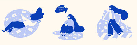 Young girl and social networks.social media,404 error,big phone.Set for banner,poster,card,flyer,web.Vector illustrationのイラスト素材