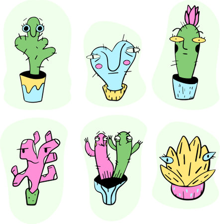 Set of cute cactus in flowerpot.Collection of desert plants isolated.succulents with funny faces.Kawaii cactus setのイラスト素材