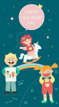 Happy childrens day.Girl with watermelon,boy painted parents,unicorn and rainbow.Poster,card,banner,social media storyのイラスト素材