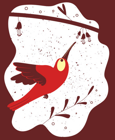 a small hummingbird collects pollen from a flower. Isolated vector drawing red colibri backgroundのイラスト素材