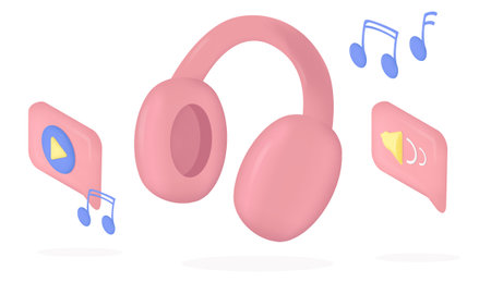 Headphones music notes and music buttons 3d vectorのイラスト素材