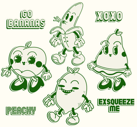 Ftuits groovy illustration stickers retro styleのイラスト素材