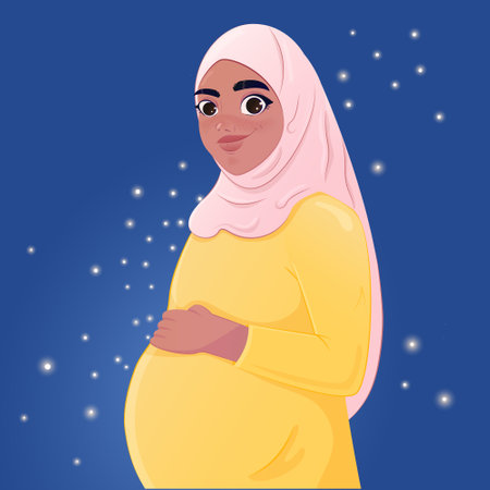 beautiful muslim pregnant woman.girl hold pregnant bellyのイラスト素材