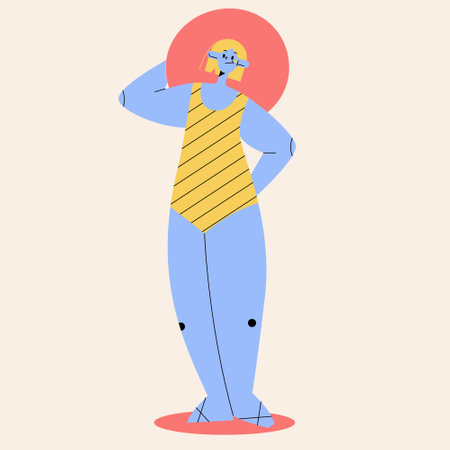 Hand drawn vector abstract graphic cartoon summer time flat illustrations with relaxing girl bikini isolatedのイラスト素材