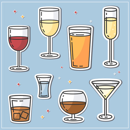 Alcoholic drinks stickers flat vector style.White and red wine, beer, champagne,whiskey, cognac, martini, tequilaのイラスト素材