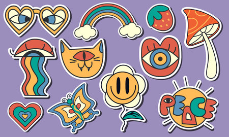 Peaceful stickers set in retro groovy styleのイラスト素材