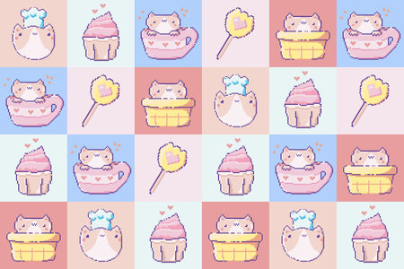 Cute vector cats pattern in pixel art styleのイラスト素材