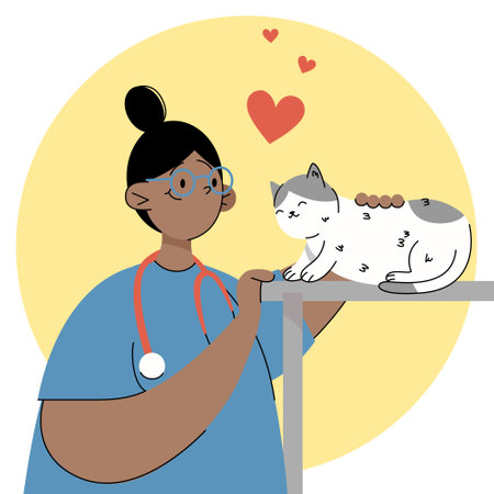 Veterinarian in the office with a cat.The profession is a veterinarian.Vet clinic.Girl heals animals. Vector flat illustration.のイラスト素材
