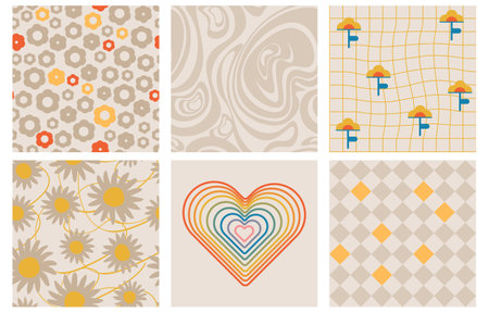 Groovy seamless patterns with funny happy daisy, wave, heart. Set of vector backgrounds in trendy retro trippy style. Hippie 60s, 70s style. Beige,brown,yellow colorsのイラスト素材