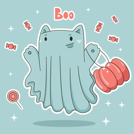 Halloween Vector Decoration sticker.Hand Drawn Illustration with Cute Happy Halloween ghost Isolatedのイラスト素材