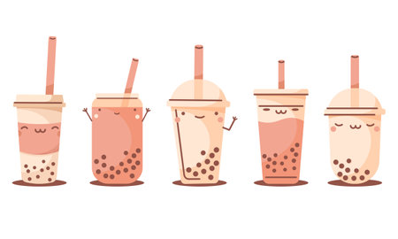 MILK TEA cup cute stickers set isolated beige vector. BUBBLE TEA logo collection. Vector illustrationのイラスト素材